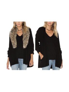JOIE Size Small Cashmere Wool Cardigan Black Sweater Detachable Fur Collar